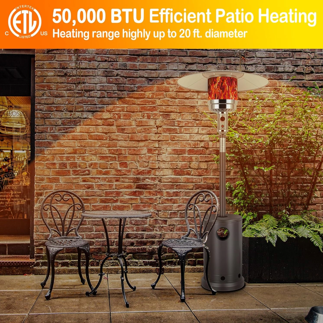 Hykolity 50,000 BTU Propane Patio Heater, Stainless Steel Burner, Triple Protection System, Wheels, Outdoor Heaters (Brown)