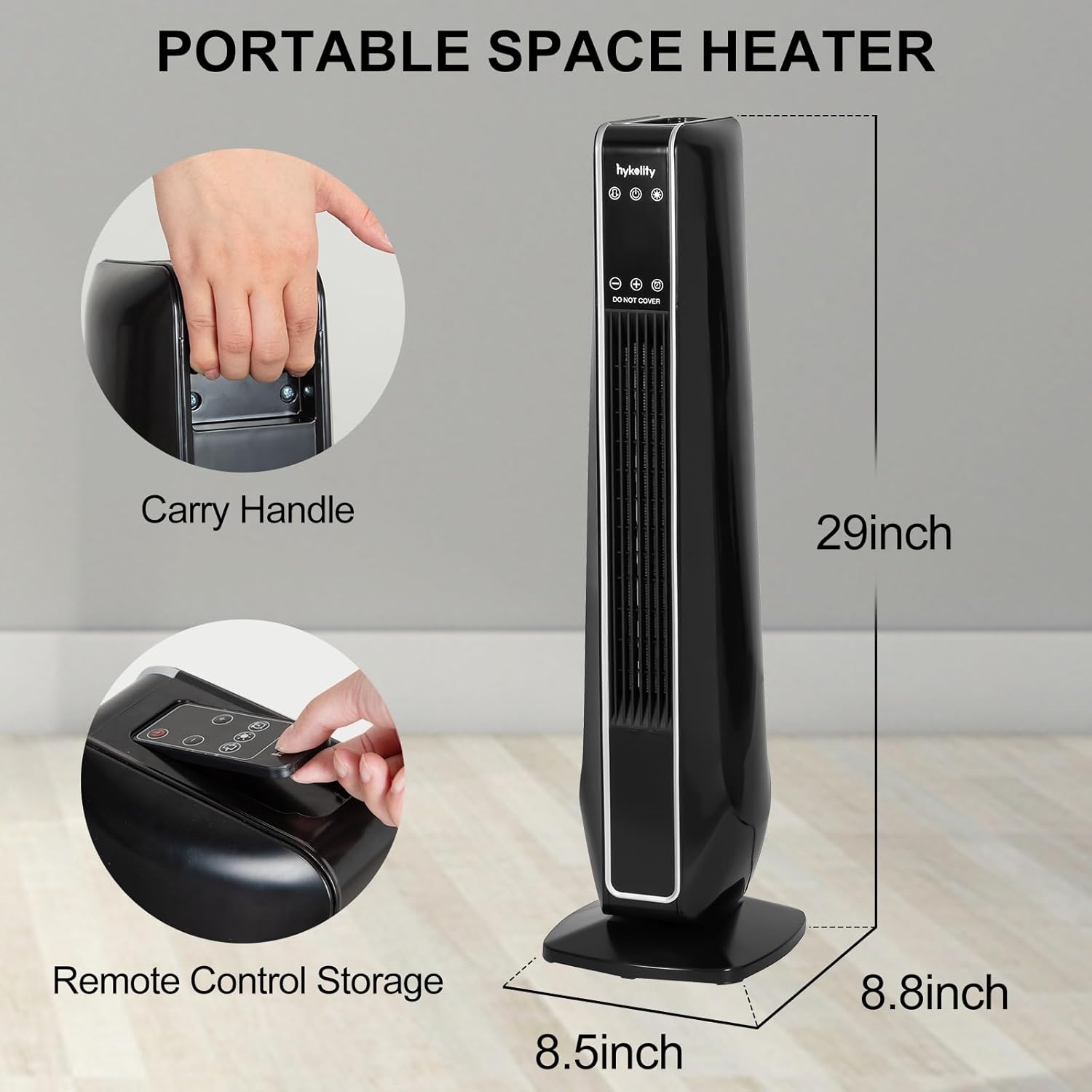 Hykolity 1500W Oscillating Ceramic Space Heater with Remote, Electric Tower Heater with Timer & Thermostat for Indoor Use, 3 Modes Room Heater with Overheat & Tip-Over Protection, Black