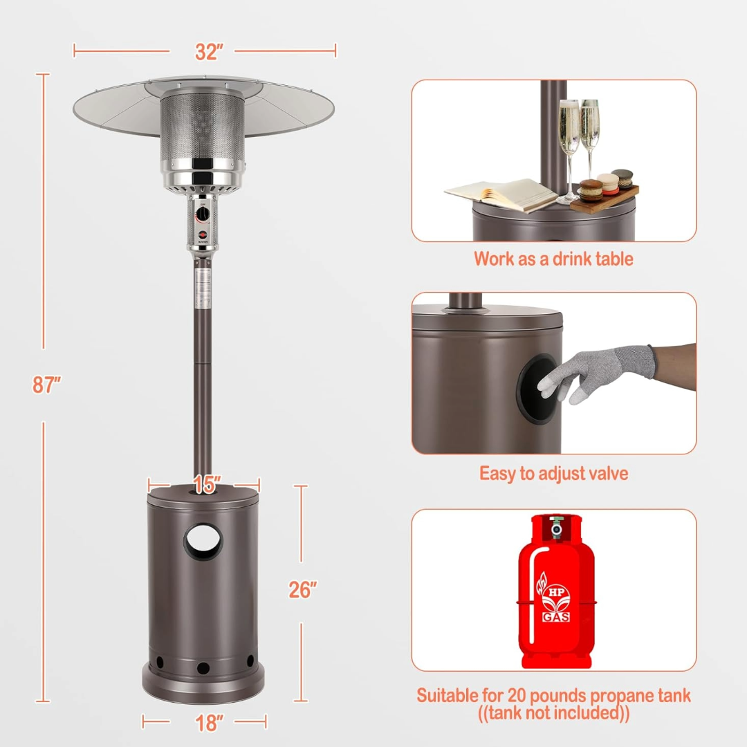 Hykolity 50,000 BTU Propane Patio Heater, Stainless Steel Burner, Triple Protection System, Wheels, Outdoor Heaters (Brown)