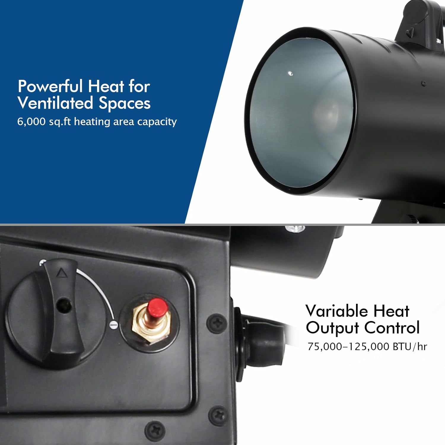 125,000 BTU Forced Air Propane Heater, Adjustable Liquid Propane Torpedo Heater, CSA Listed