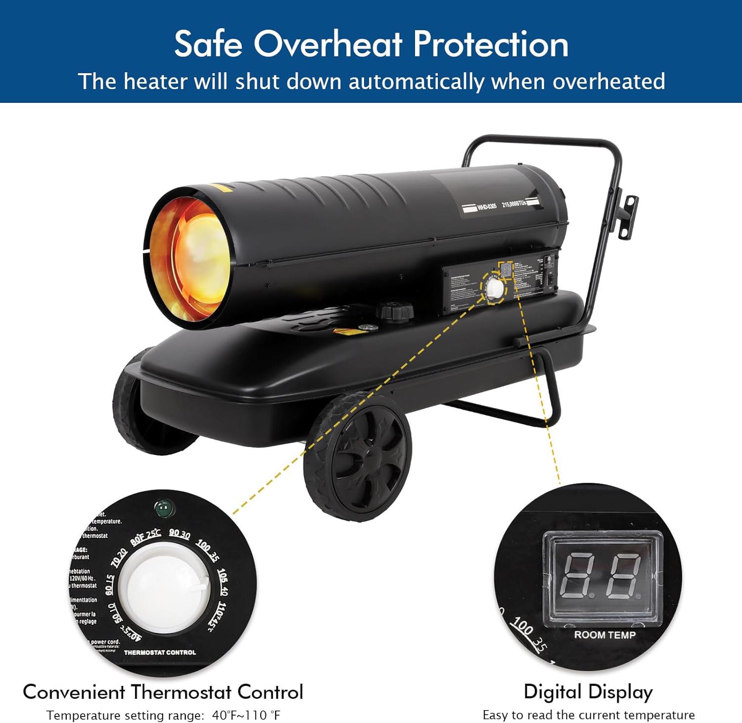 215,000 BTU Forced Air Kerosene Heater, Portable Space Heater with Movable Wheels, Multi-Fuel Forced Air Heater