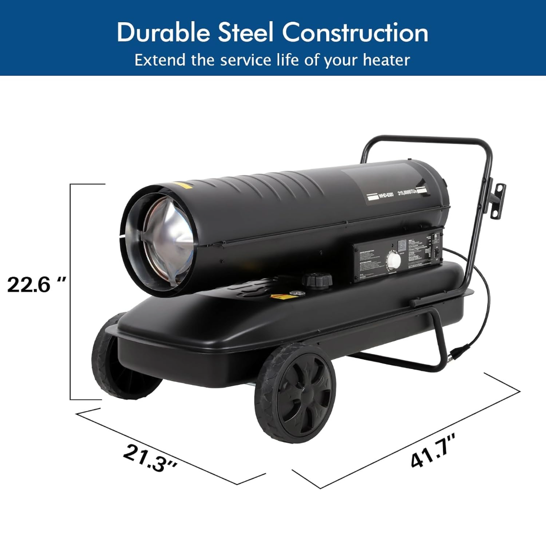 215,000 BTU Forced Air Kerosene Heater, Portable Space Heater with Movable Wheels, Multi-Fuel Forced Air Heater