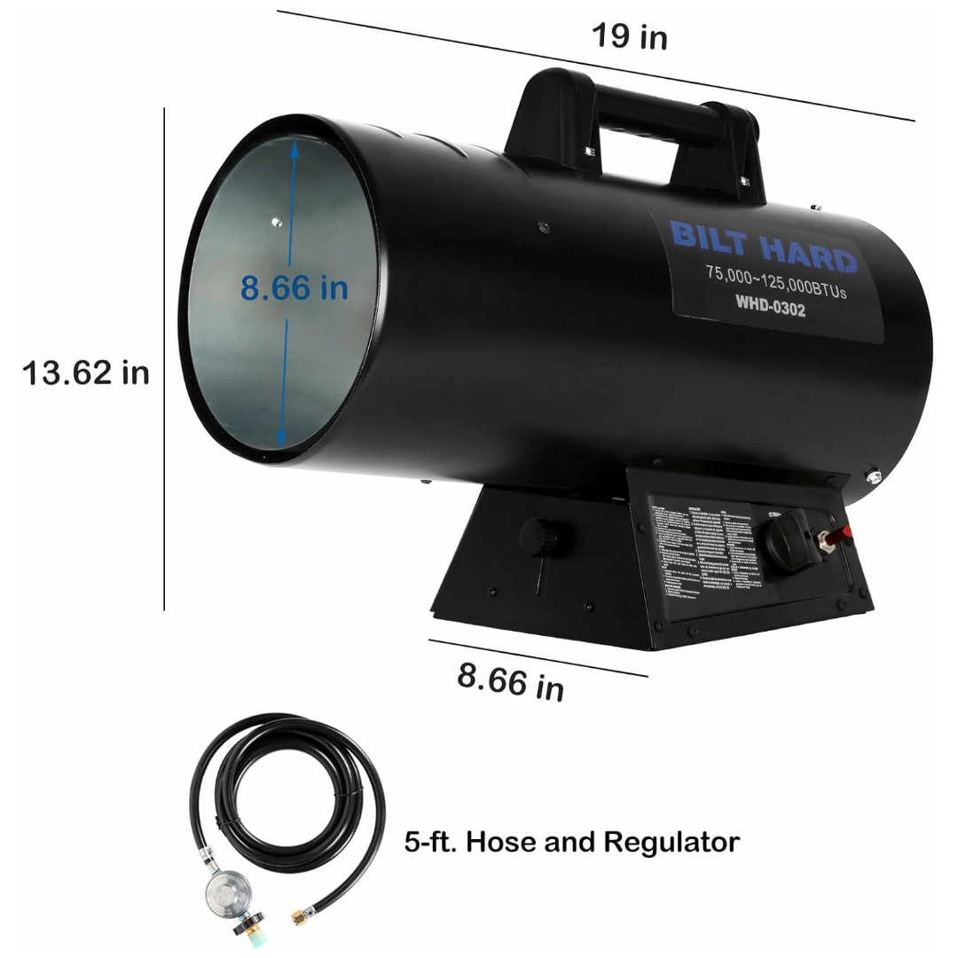 125,000 BTU Forced Air Propane Heater, Adjustable Liquid Propane Torpedo Heater, CSA Listed